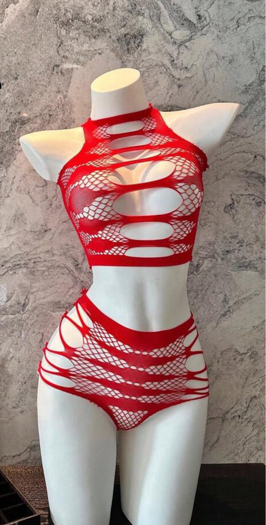 Red Cutout Fishnet Two-Piece Set