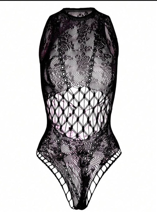 Black Lace Bodysuit with Lattice Detail