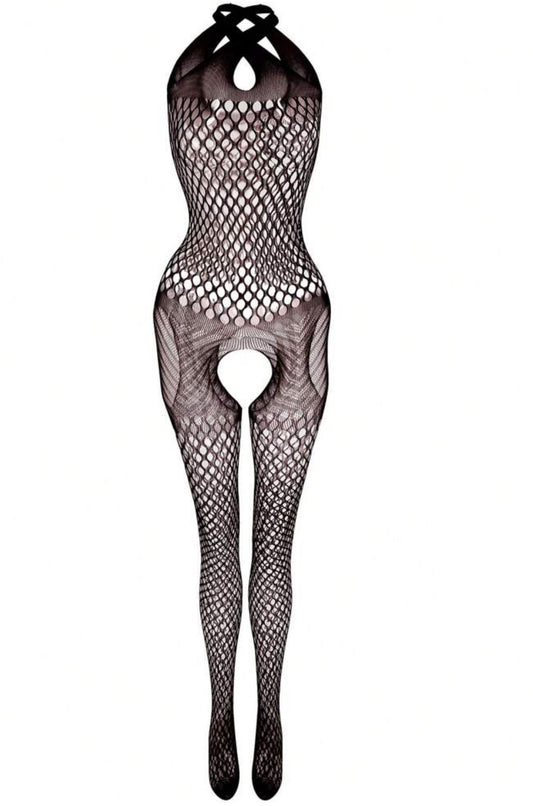 Black Halter Fishnet Bodysuit with Lattice Detail